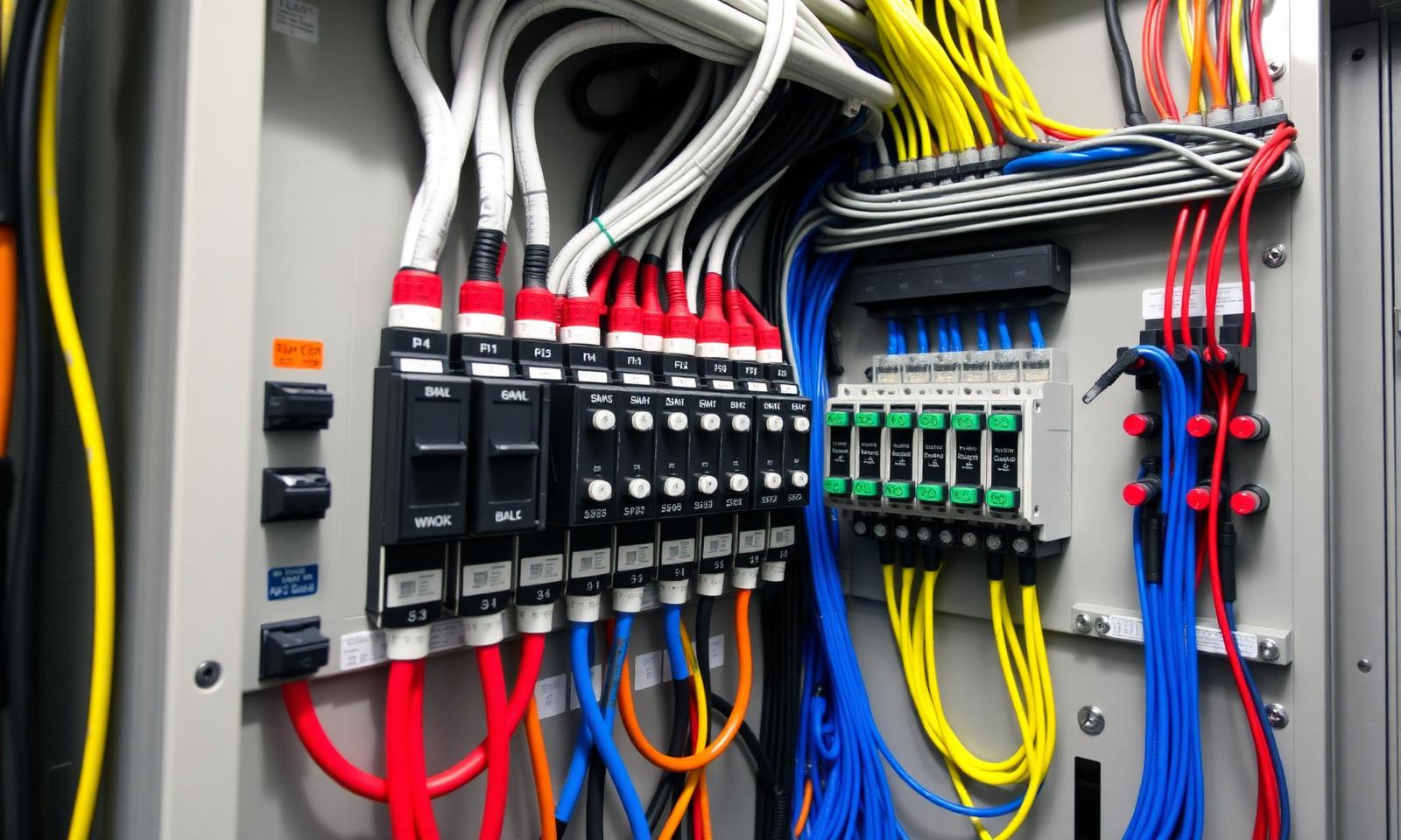 Quadro elétrico com componentes organizados em trilho DIN