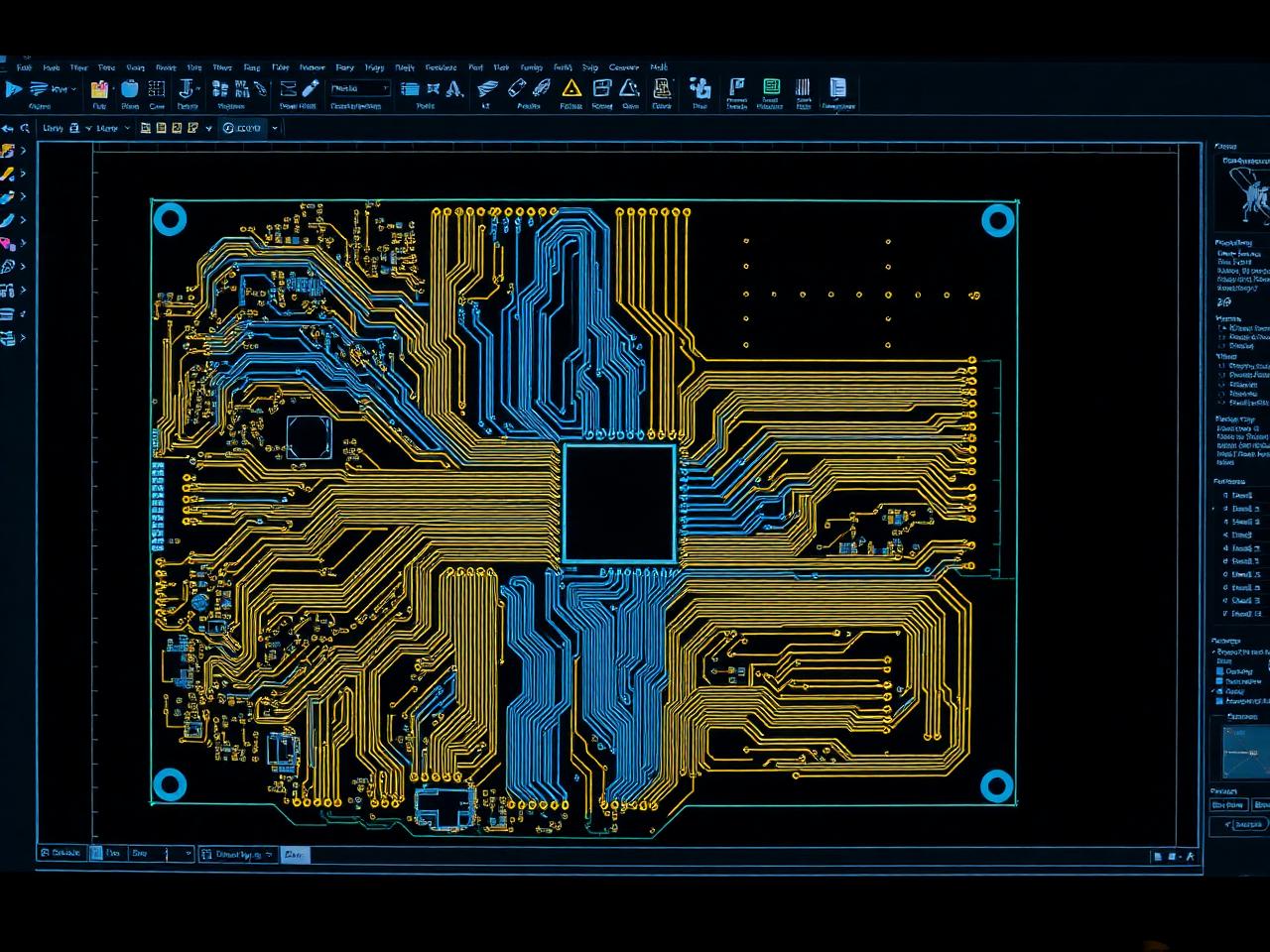 Layout técnico de PCB com trilhas roteadas